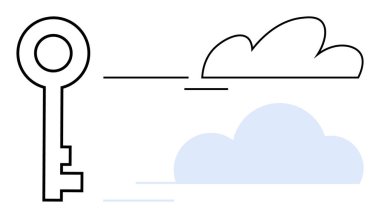 Siyah, soyut bulutların kilidini açan anahtar, erişimi, güvenliği veya yeniliği simgeliyor. Veri depolama, gelecekteki teknoloji, dijital güvenlik, bulut hesaplama, minimal tasarım otomasyonu için ideal