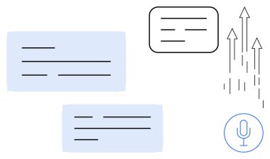 Metin baloncukları diyaloğu veya transkripsiyonu simgeler, mikrofon konuşma girişini simgeler ve oklar büyümeyi gösterir. İletişim için ideal, yapay zeka, teknoloji, üretkenlik, yenilik, işbirliği modern