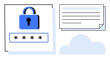 Parola alanı üzerindeki asma kilit, belgeleri ve bulut görüntüleriyle eşleştirilerek korunmayı sembolize eder. Güvenlik, veri koruması, mahremiyet, şifreleme, bulut depolama, İnternet güvenliği için ideal