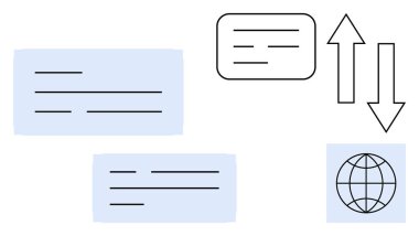 Doğrusal metin kutuları, çift yönlü oklar ve küresel bilgi paylaşımı, küresel ağ oluşturma ve veri akışı. Teknoloji, iletişim, iş değişimi ve küresel ekonomi için ideal