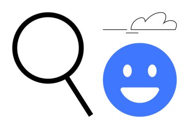 Büyüteç ve bulutun altında gülümseyen mavi yüz berraklığı, iyimserliği ve keşfi simgeliyor. Arama için ideal, basitlik, pozitiflik, profesyonel yardım, kendini keşfetme minimalizm basit