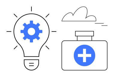 Ampulün içindeki dişli, arka planda haç ve bulut olan ilk yardım çantasının yanında yeniliği simgeliyor. Sağlık, yenilik, sorun çözme, tıp, yaratıcılık, refah, strateji için ideal