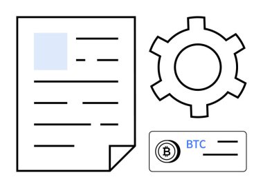 Metin satırları, Bitcoin cüzdan simgesi ve dijital işlemleri, şifrelemeyi ve otomasyonu sembolize eden teçhizat. Engelleme zinciri, finans, kripto para birimi, fintech otomasyon teknolojisi için ideal