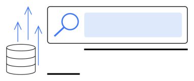 Artan oklar ve veri yığınının yanındaki arama çubuğunun üzerindeki büyüteç. SEO için ideal, veri analizi, web analizi, arama teknolojisi, dijital pazarlama, çevrimiçi büyüme, basit iniş sayfası