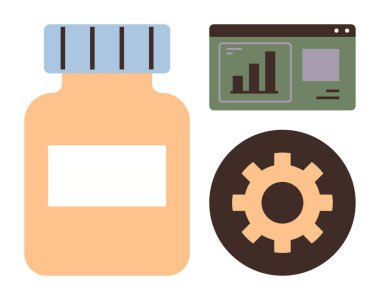Analitik gösterge panelinin yanında ilaç şişesi ve sağlık gelişiminin izlenmesi, ilaçların izlenmesi ve sağlık yönetiminin geliştirilmesi için vites simgesi. Sağlık, verimlilik ve optimizasyon için ideal