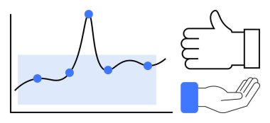 Veri noktaları ve vurgulanmış eğilim ile çizgi grafiği, başparmak kaldırma simgesi, destekleyici açık el hareketi. Analiz, takım çalışması, büyüme, iş başarısı, işbirliği, geri bildirim basit iniş sayfası için ideal