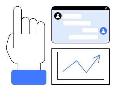 Sohbet ekranı ve büyüme çizelgesinin yanına uzan. İletişim, teknoloji, büyüme, analitik, takım çalışması, öğrenme, basit iniş sayfası için ideal