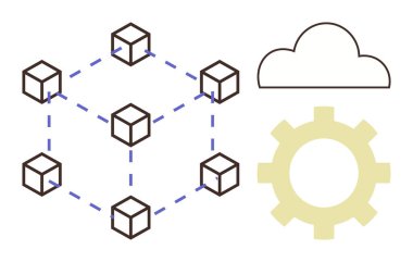 Kesik çizgiler, bulut ve vites bileşenleriyle birbirine bağlı bloklar. Engelleme zinciri, teknoloji, ağ, merkezi olmayan sistemler, veri depolama bulut hesaplama yeniliği için idealdir. Basit.