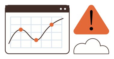 Tarayıcı içindeki büyüme çizelgesi, bulut şekli ve alarm üçgeni. Analiz, siber güvenlik, risk yönetimi, bulut hesaplama, hata izleme, veri görselleştirme için ideal basit düz metafor