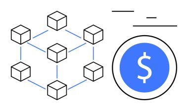 Birbirine bağlı küplerin yanında dolar işareti olan mavi bir madeni paranın yanında bulunan blokaj düğümlerini temsil etmesi. Engelleme zinciri, kripto para birimi, merkezi olmayan finans, dijital işlemler, fintech, veri güvenliği için ideal