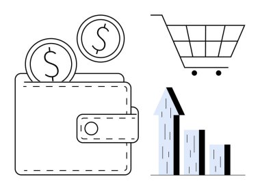 Cüzdanı bozuk para, alışveriş arabası ve yukarı doğru oklu bar çizelgesi. Finans, bütçe, e-ticaret, yatırım, tasarruf, iş büyümesi için ideal