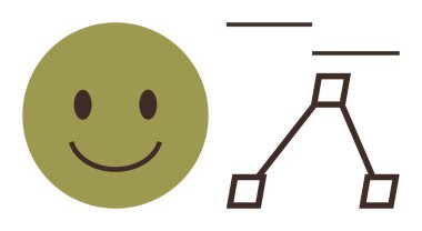 Yeşil mutlu yüz, birbirine bağlı çizgiler ve kutular olan minimalist bir organizasyon şeması yanında. Takım çalışması, yapı, hiyerarşi, liderlik, verimlilik, işbirliği, basit düz metafor için ideal