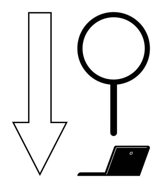Aşağı doğru ok, büyüteç ve dizüstü bilgisayar keşif, analiz, karar verme, araştırma ve problem çözmeyi sembolize eder. Analiz ve veri eğilimleri için ideal dijital araçlar verimlilik artışı
