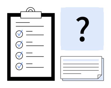 Tamamlanmış görevler, büyük soru işareti sembolleri ve düşünce örgütü için indeks kartları içeren kontrol listesi. Planlama, görev yönetimi, organizasyon, karar verme, üretkenlik için ideal