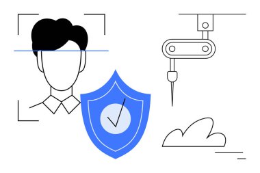 Yüz tanıma taramasından geçen kişi, güvenlik için kalkan ikonu, robot alet ve bulut. Biyometrik, yapay zeka, teknoloji, siber güvenlik, otomasyon bulut veri indirme sayfası için ideal