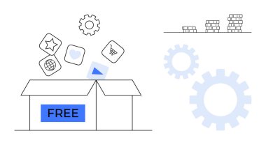 FREE etiketli açık paket web, alışveriş ve medya için simgeler yayınlıyor. Vitesler işlevselliği temsil eder. Birikmiş paralar değerli olduğunu gösterir, ödüller. Teknoloji için ideal, e-ticaret, fikirler için yenilik