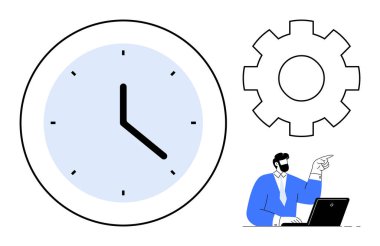 Zamanı temsil eden saat, süreci ya da iş akışını sembolize eden vites ve masa başı planlama yapan adam. İş, verimlilik, verimlilik, zaman yönetimi, organizasyon, iş akışı kurumları için ideal