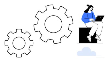 Bir blokta oturan kadın dizüstü bilgisayarla çalışıyor. Büyük vitesler ve bir bulutun yanında. İş akışı, verimlilik, takım çalışması, yenilik, teknoloji, süreç, otomasyon için ideal. Basit düz metafor