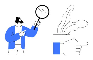 Büyüteci olan ve eli işaret eden adam, soyut fabrikanın yakınındaki gözlem ve analizleri vurguluyor. Araştırma, keşif, keşif, öğrenme, araştırma, büyüme ve eğitim için idealdir. Basit.