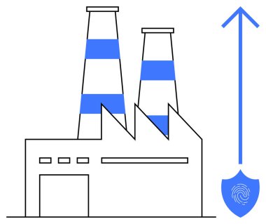 Bacalı fabrika, yukarı doğru ok, parmak izli kalkan endüstriyel büyümeyi, güvenliği ve yeniliği simgeliyor. Teknoloji, ilerleme, güvenlik ve üretim sektörünün korunması için ideal