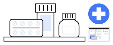 İlaç kapları, su toplayıcısı, eczane haçı ikonu ve dijital sağlık yönetimi arayüzü. Çevrimiçi sağlık hizmetleri, eczane, ilaç, tele sağlık, reçeteli tıbbi malzemeler için ideal