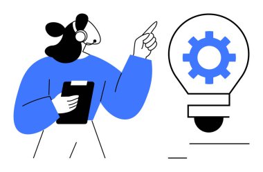 Kulaklık takan bir kadın, elinde bir pano, içinde ekipman bulunan ampulü işaret ediyor. Müşteri hizmetleri, yenilik, fikirler, teknoloji, takım çalışması, çözümler, basit düz metafor planlaması için ideal