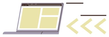 Kodlama arayüzünü temsil eden web yerleşim bloklarını gösteren dizüstü bilgisayarı aç. Oklar kodlama akışını ve mantığı simgeler. Programlama, web tasarımı, teknik öğrenme, kodlama atölyeleri, çevrimiçi kurslar için ideal