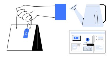 Satış etiketli bir alışveriş çantası, büyümeyi sembolize eden bir sulama kutusu ve analitik dijital arayüz. Perakende, e-ticaret, bahçıvanlık, iş, pazarlama ve analitik için ideal