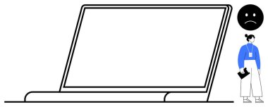 Elinde büyük dizüstü bilgisayar ve üzgün yüz sembolünün yanında duran belgeleri tutan kişi. İş yeri sorunları, teknoloji sorunları, çalışan memnuniyetsizliği, teknolojik evlat edinme engelleri, dijital yorgunluk