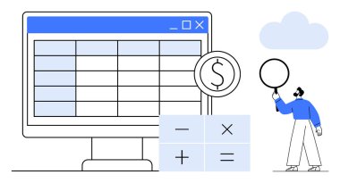Bilgisayarda hesap tablosu, dolar sembolü, hesap makinesi, bireysel büyüteç. Finans, veri analizi, teknoloji, problem çözme, eğitim verimliliği için ideal basit iniş sayfası