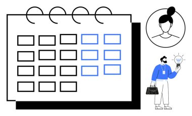 Vurgulanmış satırları olan büyük takvim düzeni, elinde ampul tutan kişi ve profil avatarı. Planlama, planlama, beyin fırtınası, takım çalışması, üretkenlik, yaratıcılık organizasyonu için ideal basit