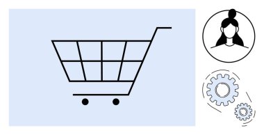 Tekerlekli alışveriş arabası, kullanıcı profili simgesi, ve e-ticaret için vites simgeleri, müşteri etkileşimi, hesap ayarları, otomasyon, envanter, iş perakende yönetimi. Basit düz metafor