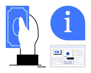El ele tutuşan para, büyük bilgi ikonu ve çizelgeler, videolar ve analizlerle dolu bir panel. Finans, eğitim, iş pazarlama çevrimiçi hizmetler teknolojisi ve veri için idealdir. Basit düz