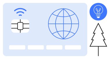 Temassız çip ve dünya ikonu olan dijital ödeme kartı. Çam ağacı ve ampul sembolü çevre dostu yeniliği yansıtır. Fintech, teknoloji, çevre, sürdürülebilirlik, gelecek ve bankacılık için ideal