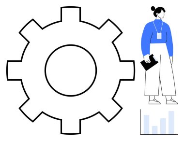 İşbirliğini simgeleyen dev dişli, elinde pano tutan kadın, analitiğin altını çizen küçük bar grafiği. Takım çalışması, verimlilik, proje yönetimi, analitik, strateji, organizasyon için ideal