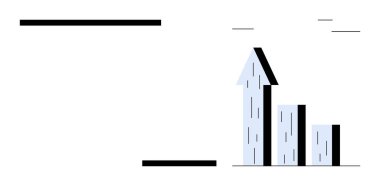 Yükselen üç çubuklu çizelge ve yukarı bakan bir ok, büyüme, ilerleme ve başarıyı gösteriyor. Ticari büyüme, finans, analitik, geliştirme ve performans stratejisi için ideal