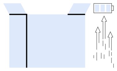 Yukarı doğru ok ve batarya ikonu salan açık kutu enerjiyi, ilerlemeyi, olasılıkları, yenilikleri, sürdürülebilirliği, verimliliği, fırsatı görselleştiriyor. Kavramsal kavramlar için ideal enerji büyümesini parmakla