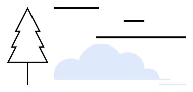 Çam ağacı, bulut ve soyut çizgiler doğal bir manzara oluşturuyor. Doğa için ideal, basitlik, rahatlama, çevre, farkındalık, yaratıcılık için basit iniş sayfası