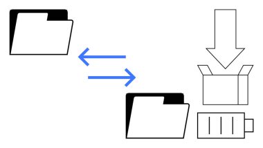 Oklarla birbirine bağlı iki dizin veri transferini işaret ediyor, bu da bizi bir kutuya ve aküye götürüyor. Teknoloji, paylaşım, depolama, iş akışı, verimlilik, lojistik güç için ideal. Basit düz metafor