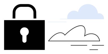 Siyah asma kilit ve minimalist bulut ana hatları siber güvenliği, veri depolama güvenliğini, erişim kontrolünü, şifrelemeyi, bulut teknolojisini simgeliyor. Teknoloji, güvenlik, internet, gizlilik bulutu için ideal