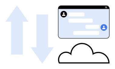 Veri akışı için kullanıcı simgeleri ve sohbet baloncuklarıyla mesajlaşma arayüzü, bulut ögesi, yukarı ve aşağı oklar. İletişim, işbirliği, bulut servisi, veri alışverişi, takım çalışması için ideal, SaaS basit
