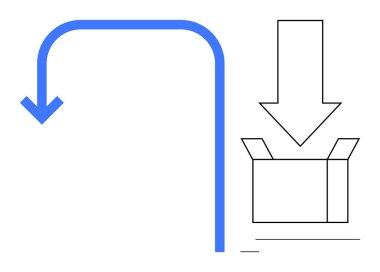 Mavi ok aşağıya, kutuya doğru kıvrılıyor. Lojistik, teslimat, depolama, ambalaj, organizasyon, görev tamamlama, nakliye için ideal. Minimalist tasarım basit düz metafor