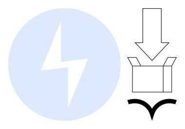 Mavi dairenin içinde şimşek çakıyor, aşağıya doğru ok açık kutuyu gösteriyor, altında eğri şekil var. Enerji verimliliği, lojistik, yenilik, depolama, dağıtım, enerji transferi için ideal yenilenebilir enerji