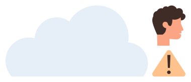 Kullanıcı profili silueti ve uyarı işareti olan büyük bir bulut. Veri güvenliği, bulut bilgisayarı, kullanıcı güvenliği, dijital risk, çevrimiçi mahremiyet, uyarı ve teknoloji uygulamaları için ideal. Basit.