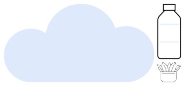 Büyük bulut şekli, çizilmiş şişe ve küçük saksı bitkisi, çevre dostu, basitlik ve dijital çözümleri çağrıştırıyor. Sürdürülebilirlik, teknoloji, minimalizm, ekolojik bilinçli yaşam için ideal