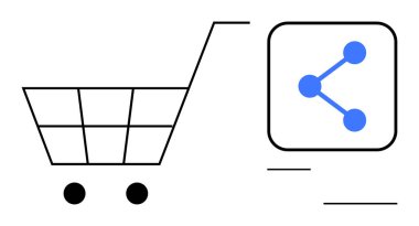Ağ paylaşım ikonu ile birlikte alışveriş arabası e-ticaret, sosyal paylaşım, işbirliği, pazarlama, analitik, perakende, yenilik sembolize ediyor. E-ticaret ve dijital pazarlama için ideal