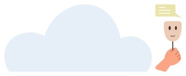 İnsan eli, bulutun üstündeki konuşma baloncuğunun yanında gülümseyen bir maske tutuyor. Anonimliği ve iletişimi sembolize ediyor. Dijital kimlik, bulut depolama, çevrimiçi etkileşim, gizlilik, veri koruması için ideal