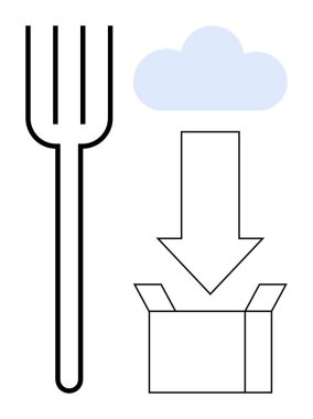 Çatal, bulut, aşağı doğru ok ve kutu bulut depolama, veri transferi, indirme, kaynak tahsisi, dijital depolama dosyası yönetimi ve basitliği simgeliyor. Teknolojik gıda lojistiği için ideal.