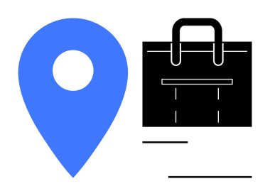 Siyah evrak çantasının yanındaki mavi işaret navigasyon, iş, lojistik, seyahat, iş yönetimi, planlama ve hareketliliği gösteriyor. Haritalar ve istihdam teslimat seyahat stratejisi için ideal