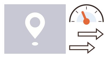 Konum pimi varış yerini, hız göstergesi ilerlemeyi ve yönü gösteren okları gösteriyor. Navigasyon, seyahat, lojistik, verimlilik, hedef belirleme, optimizasyon ve yön için ideal